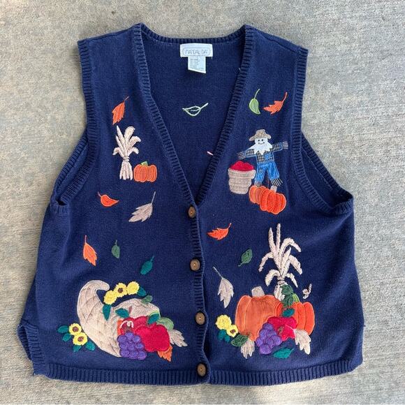 90s fall harvest thanksgiving Halloween pumpkin patch cornucopia sweater vest 2X - Picture 1 of 5